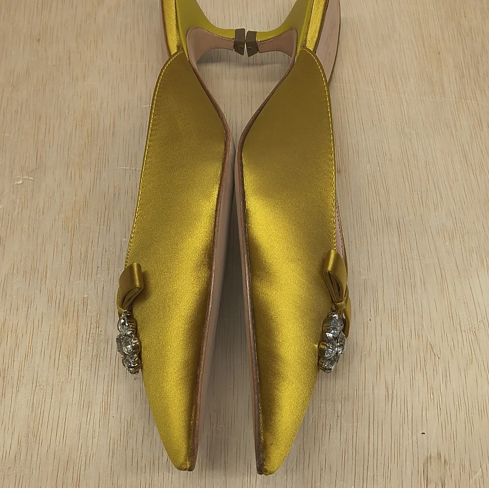 Kate Spade Darlene Yellow Satin Bow Jewel Pointed Toe Kitten Heel Mules Size 8 - Picture 10 of 12